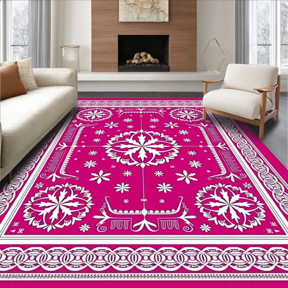 ODIKA 3'x5' Machine Washable Non-Slip Area Rug, Snowflake Applique Winter Holiday Penny Kit High Traffic Rug with Pad, Pink, 646200