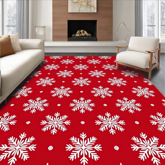 ODIKA 3'x5' Machine Washable Non-Slip Area Rug, Snowflake Cascade Design with Festive Botanical Motifs and Whimsical Accents High Traffic Rug with Pad, Red, 502129