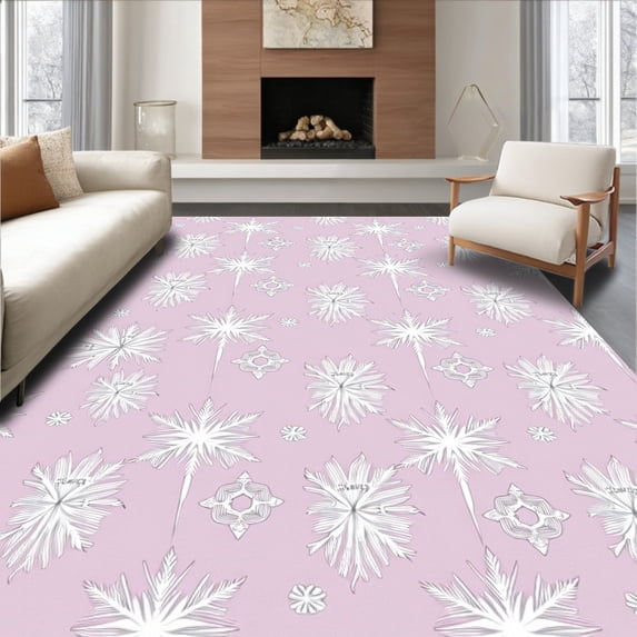 ODIKA 3'x5' Machine Washable Non-Slip Area Rug, Snowflake Cascade Winter Wonderland Floor Duo Seasonal High Traffic Rug, Pink, 651495