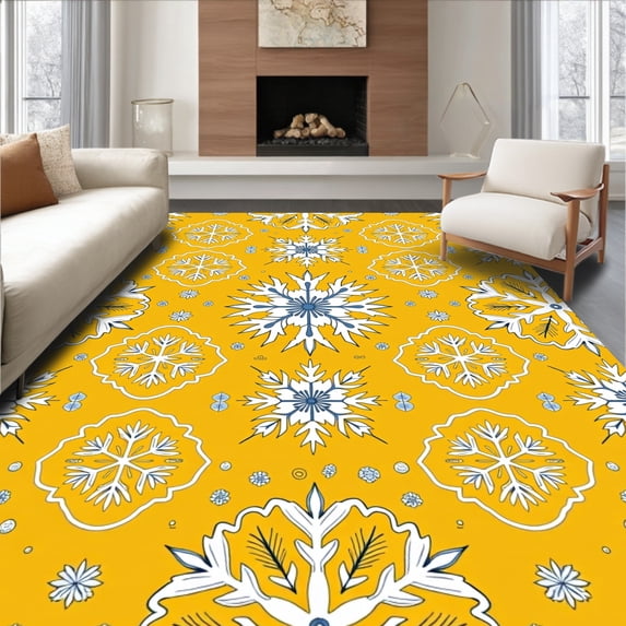 ODIKA 3'x5' Machine Washable Non-Slip Area Rug, Snowflake Medallion Winter Celebration Decorative Design High Traffic Rug, Yellow, 611604