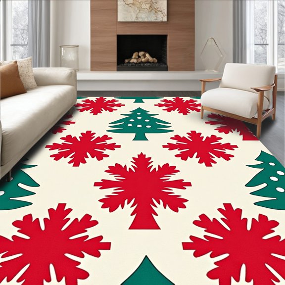 ODIKA 3x5 Machine Washable Non-Slip Area Rug, Snowflake Pine Conifer Forest Holiday Art High Traffic Rug, Red, 617775