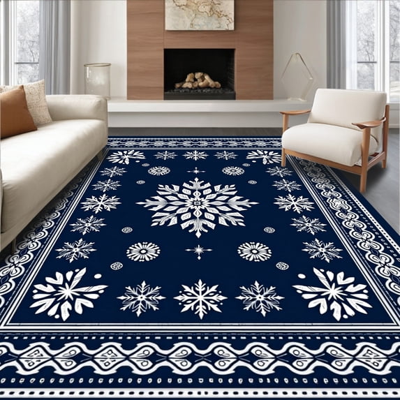 ODIKA 3'x5' Machine Washable Non-Slip Area Rug, Snowy Celebration Sphere Accent Stylish Entry Pathway High Traffic Rug with Pad, Blue, 655842
