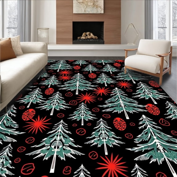 ODIKA 3'x5' Machine Washable Non-Slip Area Rug, Snowy Evergreen Forest with Festive Starburst and Pinecone Motifs High Traffic Rug, Black, 621308