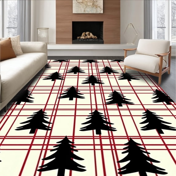 ODIKA 3'x5' Machine Washable Non-Slip Area Rug, Snowy Pine Forest Plaid with Stylized Interlocking Evergreen High Traffic Rug, Black, 610584