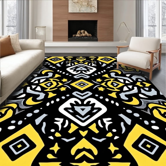 ODIKA 3'x5' Machine Washable Non-Slip Area Rug, Southwestern Spotted with Details High Traffic Rug with Pad, Black, 614025
