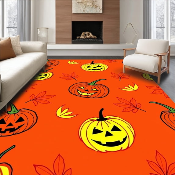 ODIKA 3'x5' Machine Washable Non-Slip Area Rug, Spooky Jack O Lantern Festival Seasonal High Traffic Rug with Pad, Orange, 604683