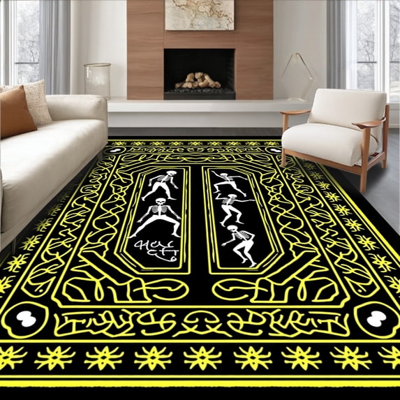 ODIKA 3'x5' Machine Washable Non-Slip Area Rug, Spooky Skeleton Arc Half Moon Entry Halloween Theme Design High Traffic Rug, Black, 514377