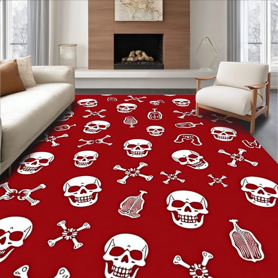 ODIKA 3'x5' Machine Washable Non-Slip Area Rug, Spooky Skull Crossbones Bath with Curtain Coverage High Traffic Rug with Pad, Red, 656400