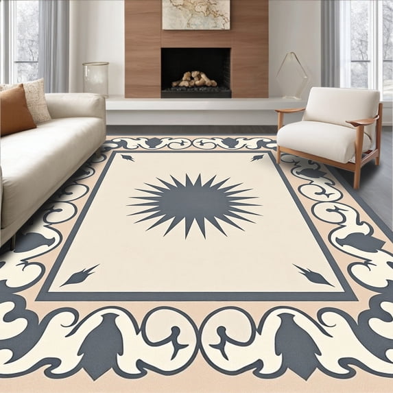 ODIKA 3'x5' Machine Washable Non-Slip Area Rug, Starburst Medallion Arrangement with Interlocking Mosaic High Traffic Rug with Pad, Beige, 561074