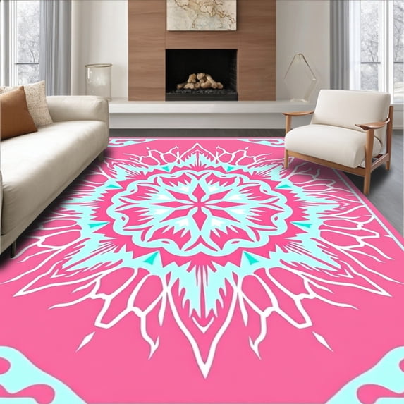 ODIKA 3x5 Machine Washable Non-Slip Area Rug, Starburst Medallion Array Showcasing Radiant Symmetry High Traffic Rug, Pink, 530159