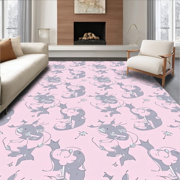 ODIKA 3'x5' Machine Washable Non-Slip Area Rug, Starry Night Alphabet Discovery Adventure Magical Circular Journey High Traffic Rug, Pink, 688795