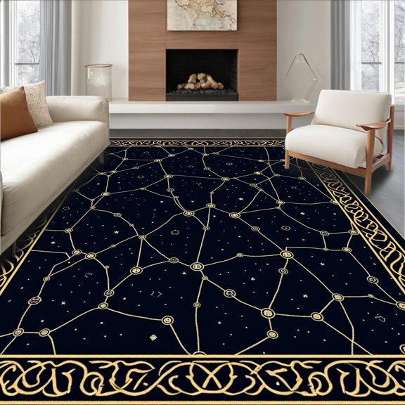 ODIKA 3x5 Machine Washable Non-Slip Area Rug, Starry Night Constellation Map Floor with Celestial High Traffic Rug with Pad, Black, 694653