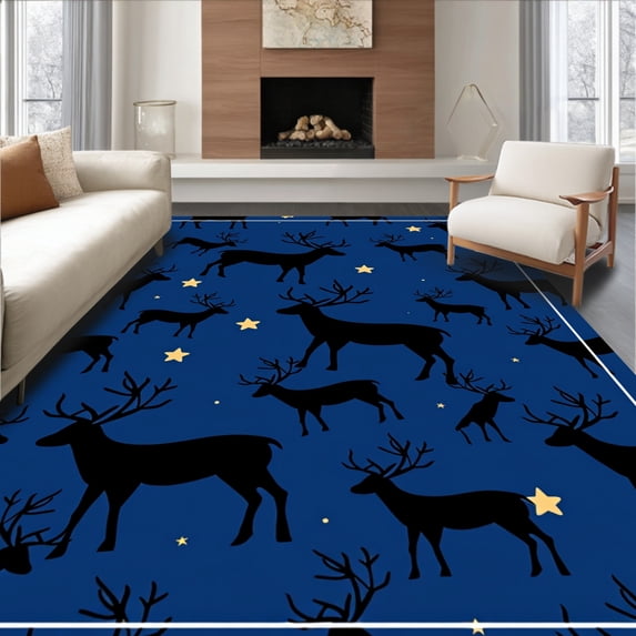 ODIKA 3'x5' Machine Washable Non-Slip Area Rug, Starry Night Reindeer Bathroom Midnight Sky Suite High Traffic Rug, Blue, 627932