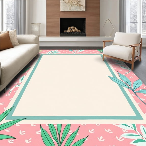 ODIKA 3'x5' Machine Washable Non-Slip Area Rug, Storybook Giraffe Illustration Surrounded by Pastel Safari Flora Motif High Traffic Rug, Pink, 721473