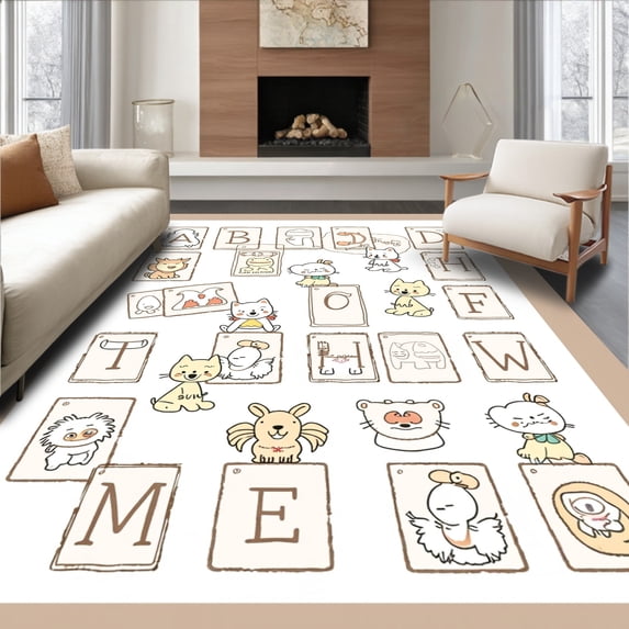 ODIKA 3'x5' Machine Washable Non-Slip Area Rug, Storybook Letters with Illustrated Animal Companions and Borders High Traffic Rug with Pad, Beige, 695735