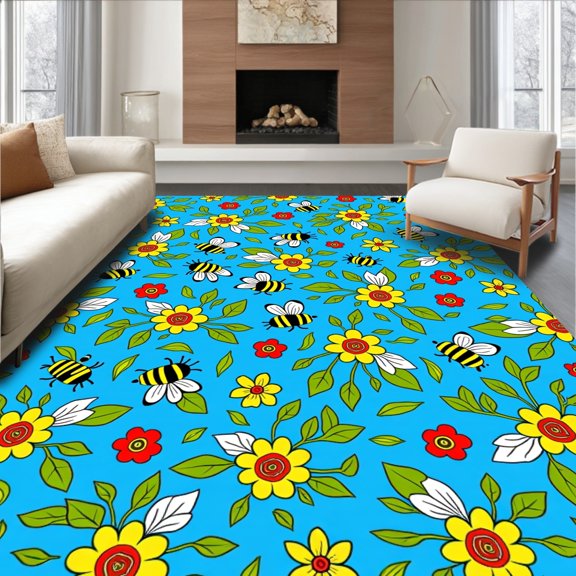 ODIKA 3'x5' Machine Washable Non-Slip Area Rug, Storybook Meadow with Friendly Bees and Interlocking Nature High Traffic Rug, Blue, 720908
