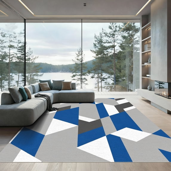 ODIKA 3'x5' Machine Washable Non-Slip Area Rug, Stylish Interlocking Shapes with and Grey Hues High Traffic Rug, Blue, 925564