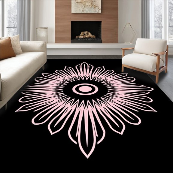 ODIKA 3x5 Machine Washable Non-Slip Area Rug, Sunburst Floret With Radiating Curved Lines High Traffic Rug, Black, 543062