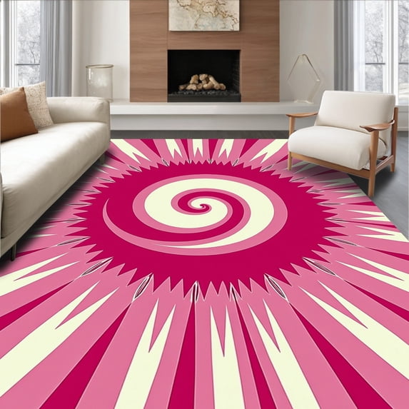 ODIKA 3'x5' Machine Washable Non-Slip Area Rug, Sunburst Radial Swirl Captivating Gradient High Traffic Rug, Pink, 591361