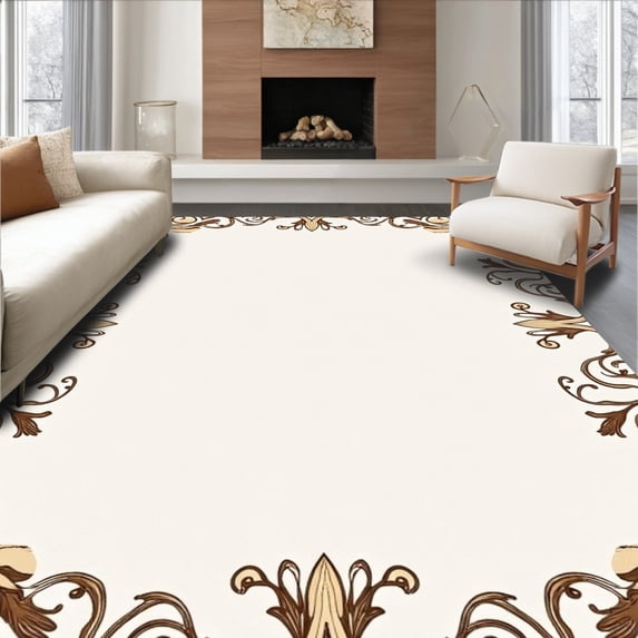 ODIKA 3'x5' Machine Washable Non-Slip Area Rug, Sunwashed Boho Floral with Serene Botanical Scrollwork High Traffic Rug, Brown, 547078