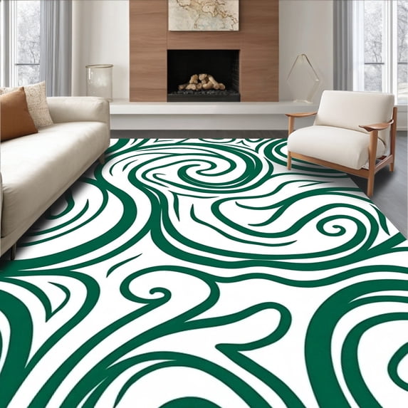 ODIKA 3'x5' Machine Washable Non-Slip Area Rug, Swirled Marble with Vibrant Emerald Spiral Motifs High Traffic Rug with Pad, Green, 559373