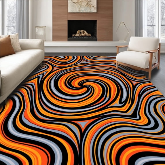 ODIKA 3'x5' Machine Washable Non-Slip Area Rug, Swirling Vortex Abstract with Dynamic Flowing Spiral Motifs High Traffic Rug, Black, 499211