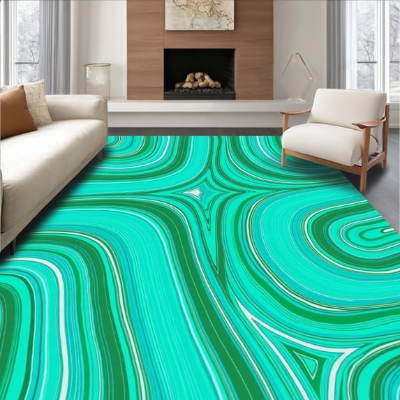 ODIKA 3'x5' Machine Washable Non-Slip Area Rug, Swirling with Fluid Waves and Flowing Abstract Motifs High Traffic Rug, Green, 587698