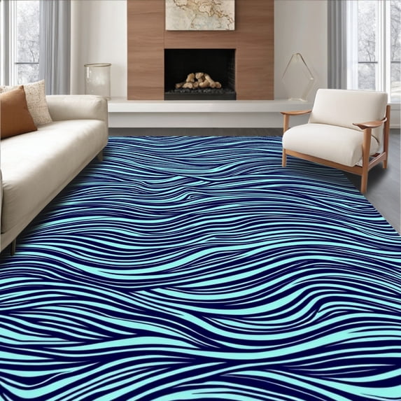 ODIKA 3'x5' Machine Washable Non-Slip Area Rug, Terrace Nautical Wave Lattice High Traffic Rug with Pad, Blue, 718282
