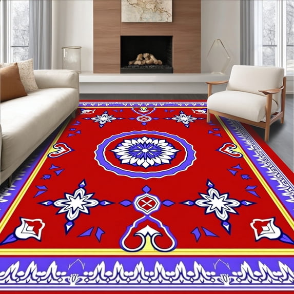 ODIKA 3'x5' Machine Washable Non-Slip Area Rug, Tile Mosaic with Intricate Interlocking High Traffic Rug with Pad, Red, 555224