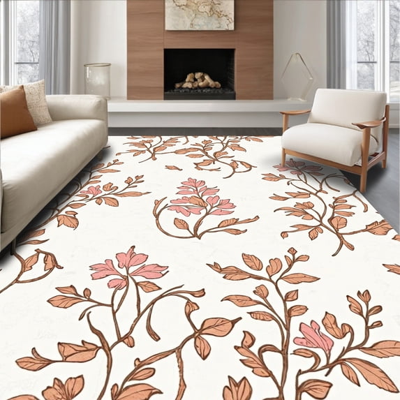 ODIKA 3'x5' Machine Washable Non-Slip Area Rug, Timeless Botanical Symphony Artisan Crafted High Traffic Rug, Pink, 541684