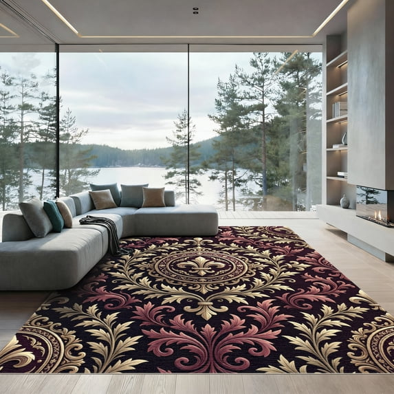 ODIKA 3'x5' Machine Washable Non-Slip Area Rug, Traditional Burgundy High Traffic Rug, Red, 941442