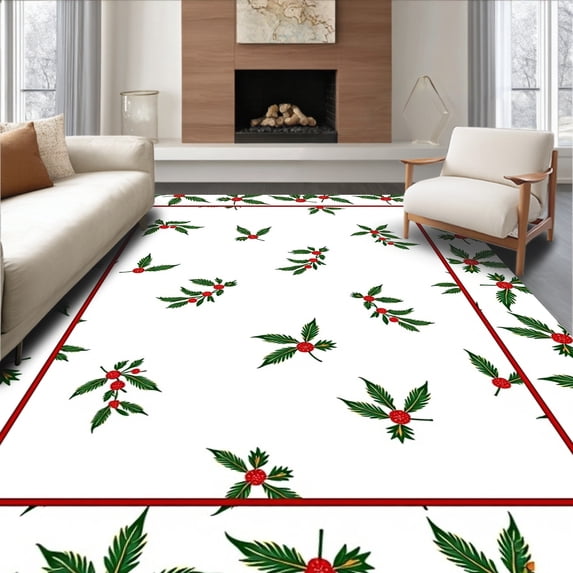 ODIKA 3'x5' Machine Washable Non-Slip Area Rug, Traditional Holly Berry Wreath Motif Anti Fatigue Series High Traffic Rug with Pad, Red, 739879