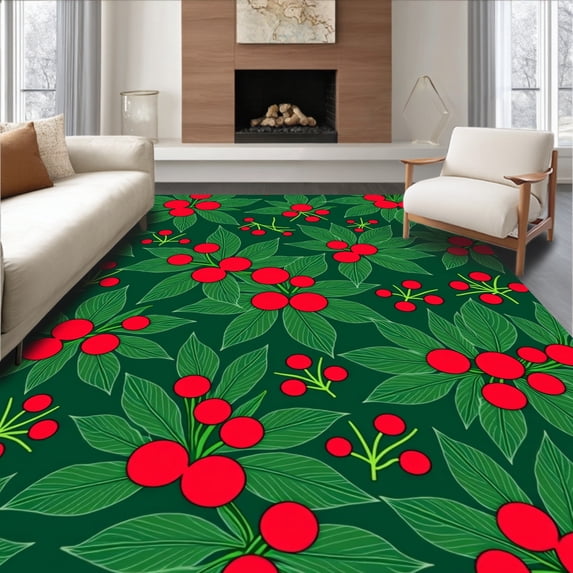 ODIKA 3'x5' Machine Washable Non-Slip Area Rug, Traditional Holly Berry Wreath with Seasonal Foliage High Traffic Rug, Red, 731630