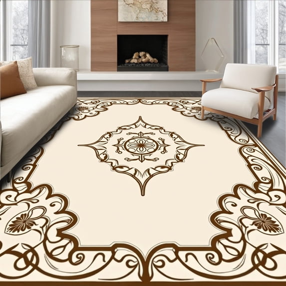 ODIKA 3'x5' Machine Washable Non-Slip Area Rug, Traditional Ornate Lattice Trellis Scrollwork Fretwork High Traffic Rug, Brown, 478593
