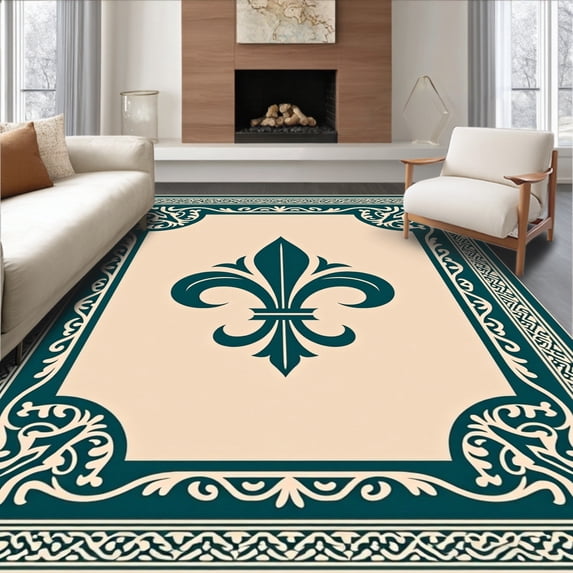 ODIKA 3'x5' Machine Washable Non-Slip Area Rug, Traditional Scrollwork Medallion with Faded Fleur De Center Motif High Traffic Rug with Pad, Beige, 593776