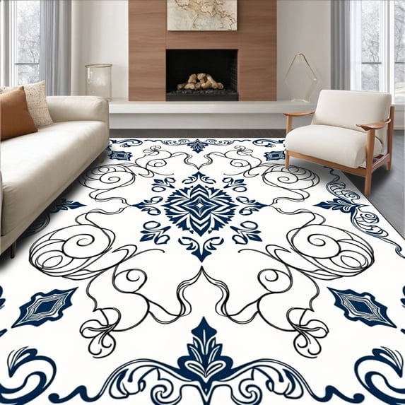 ODIKA 3'x5' Machine Washable Non-Slip Area Rug, Tranquil Paisley Flourish Interlocking Heritage Design High Traffic Rug with Pad, Blue, 714883