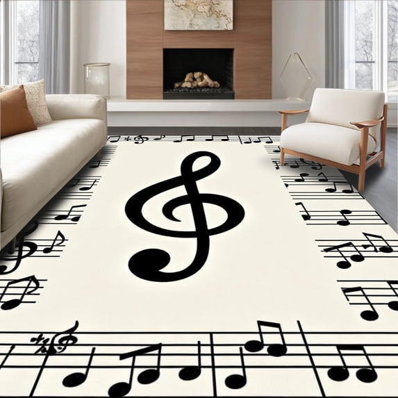 ODIKA 3'x5' Machine Washable Non-Slip Area Rug, Treble Clef Artistry Yarn Handicraft High Traffic Rug with Pad, Beige, 642647