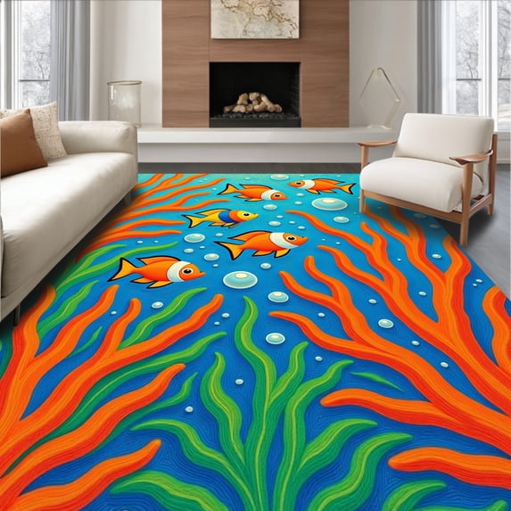 ODIKA 3'x5' Machine Washable Non-Slip Area Rug, Tropical Fish School Design Marine Entrance High Traffic Rug, Blue, 568954