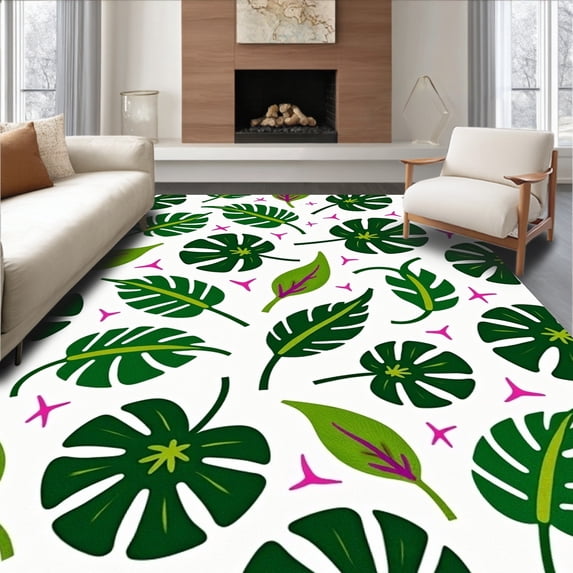 ODIKA 3'x5' Machine Washable Non-Slip Area Rug, Tropical Foliage Dreamscape with Abstract Botanical Layers High Traffic Rug, Green, 704265