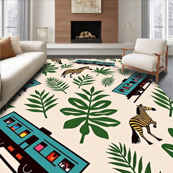 ODIKA 3'x5' Machine Washable Non-Slip Area Rug, Tropical Forest Expedition Transport Vehicle Playful High Traffic Rug with Pad, Beige, 682783