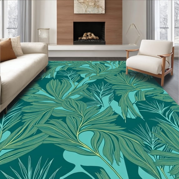 ODIKA 3'x5' Machine Washable Non-Slip Area Rug, Tropical Palm Frond Leaf Botanical Garden High Traffic Rug with Pad, Green, 454679