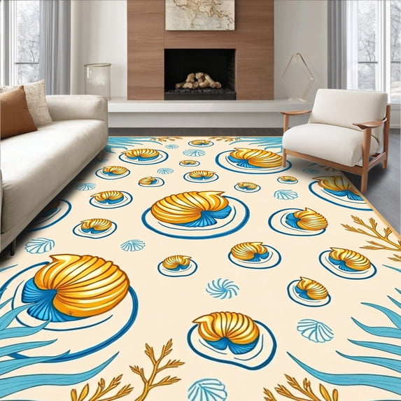 ODIKA 3'x5' Machine Washable Non-Slip Area Rug, Tropical Seashell Nautilus High Traffic Rug, Ivory, 708690
