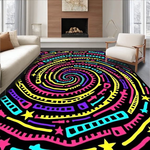 ODIKA 3'x5' Machine Washable Non-Slip Area Rug, Vibrant Alphabet Spiral Featuring Multicolor Letters and Stars High Traffic Rug, Black, 693867
