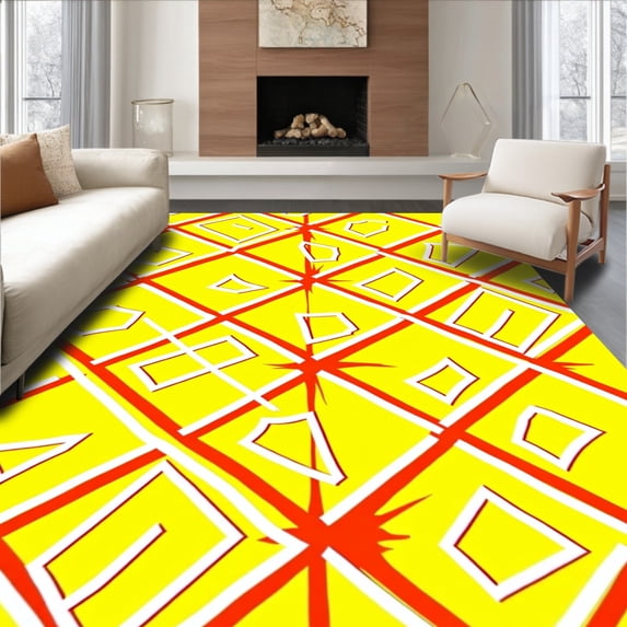 ODIKA 3'x5' Machine Washable Non-Slip Area Rug, Vibrant Interlocking Softball Seam Design With Bold Athletic Flair High Traffic Rug, Yellow, 670296