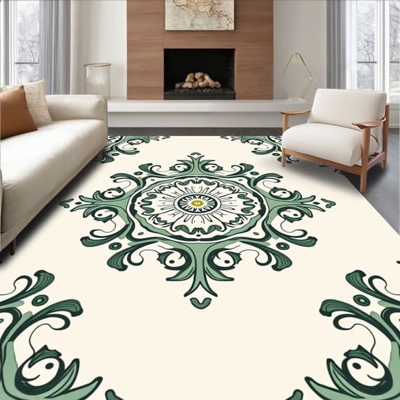 ODIKA 3'x5' Machine Washable Non-Slip Area Rug, Victorian Filigree Medallion with Flourishing Botanical Motifs High Traffic Rug, Green, 541725