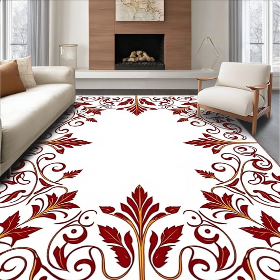 ODIKA 3'x5' Machine Washable Non-Slip Area Rug, Victorian Scrollwork with Delicate Holly Leaf Design High Traffic Rug with Pad, Red, 614545