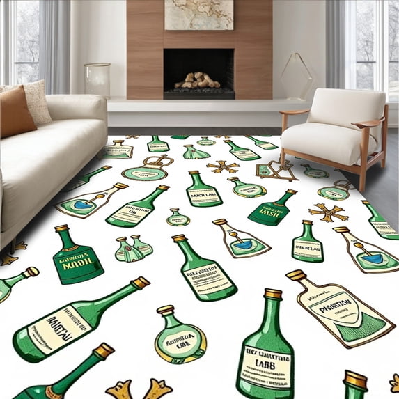 ODIKA 3'x5' Machine Washable Non-Slip Area Rug, Vintage Apothecary Poison Bottle Medical Floor Covering Decorative High Traffic Rug with Pad, Green, 702708
