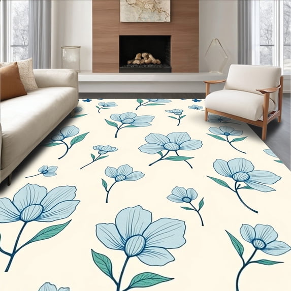 ODIKA 3'x5' Machine Washable Non-Slip Area Rug, Vintage Botanical Blossom with Intricate Petal Motifs High Traffic Rug with Pad, Ivory, 522379