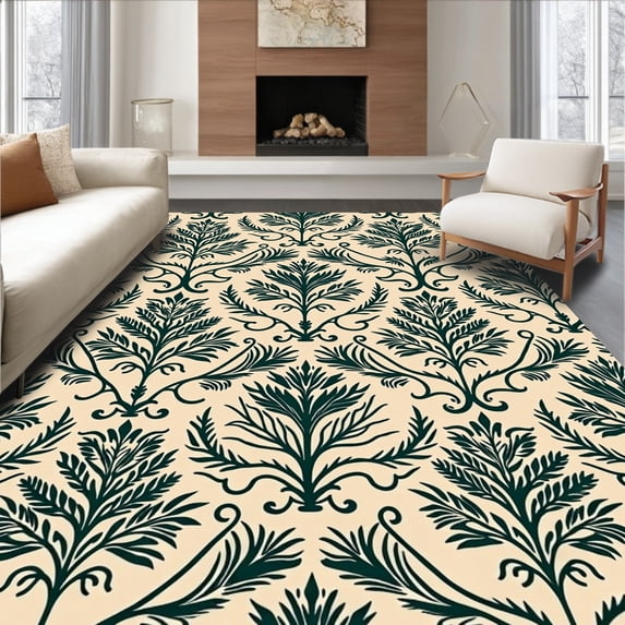 ODIKA 3'x5' Machine Washable Non-Slip Area Rug, Vintage Botanical Damask with Scrolling Vine Design High Traffic Rug, Beige, 470565