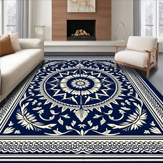 ODIKA 3'x5' Machine Washable Non-Slip Area Rug, Vintage Botanical Medallion Foldable Accent High Traffic Rug with Pad, Blue, 543728